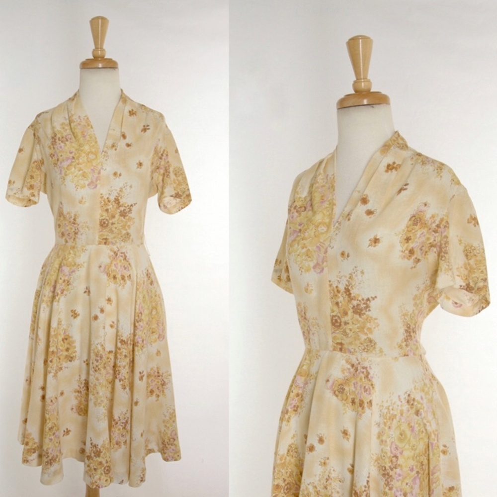 50s Floral Prairie Dress Vintage Beige Spring M
